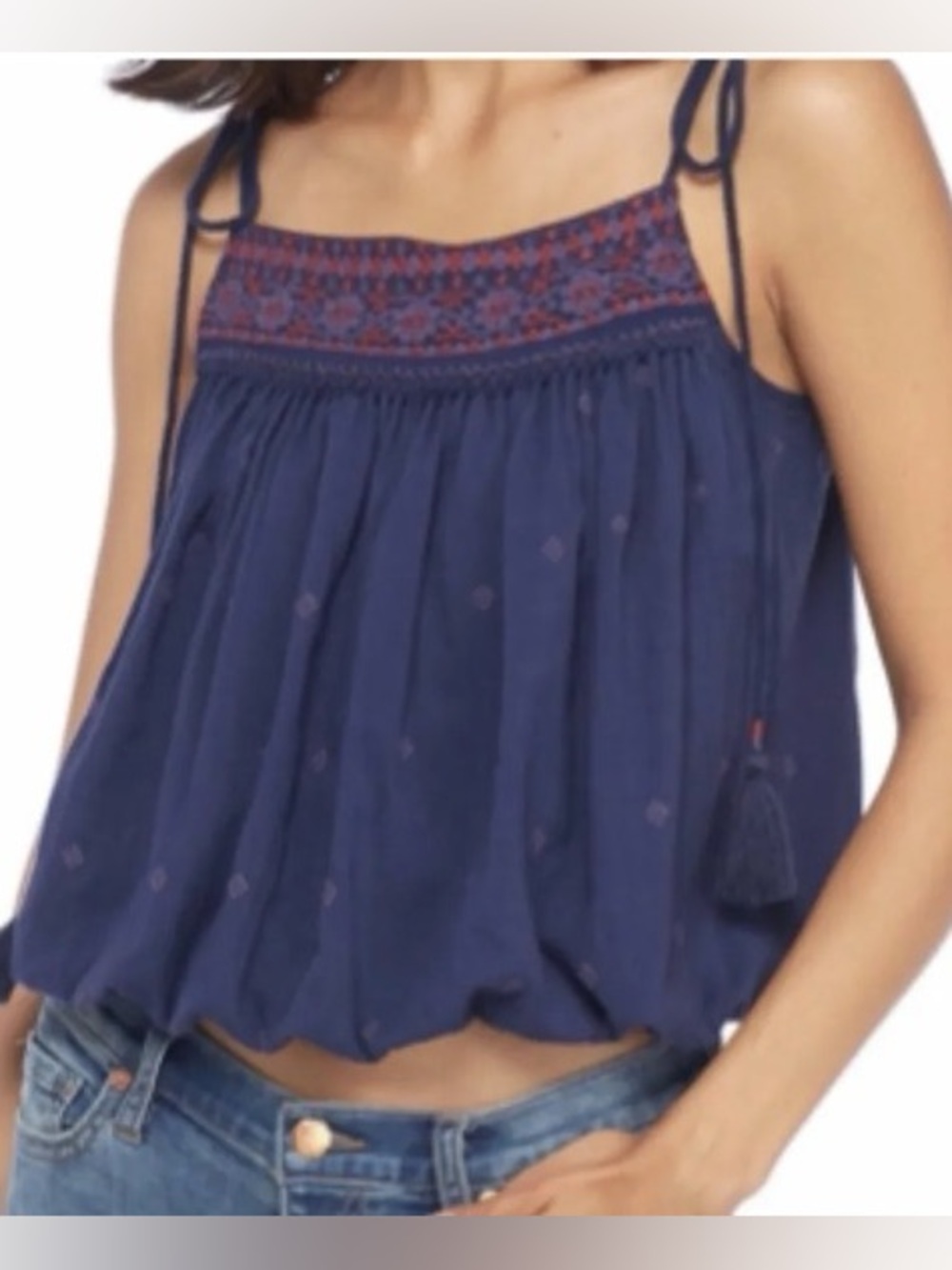 Free People Navy Blue Embroidered Tie-Shoulder Camisole